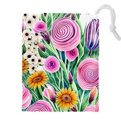 Cheerful And Captivating Watercolor Flowers Drawstring Pouch (4xl) by GardenOfOphir