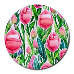 Cheerful And Captivating Watercolor Flowers Round Mousepad by GardenOfOphir