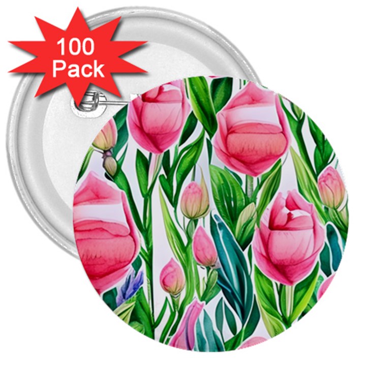 Cheerful And Captivating Watercolor Flowers 3  Buttons (100 pack) 