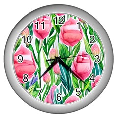 Cheerful And Captivating Watercolor Flowers Wall Clock (silver) by GardenOfOphir