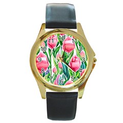 Cheerful And Captivating Watercolor Flowers Round Gold Metal Watch by GardenOfOphir