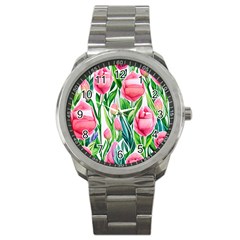 Cheerful And Captivating Watercolor Flowers Sport Metal Watch by GardenOfOphir