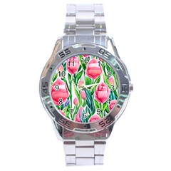 Cheerful And Captivating Watercolor Flowers Stainless Steel Analogue Watch by GardenOfOphir