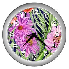 Cheerful Watercolors – Flowers Botanical Wall Clock (silver) by GardenOfOphir