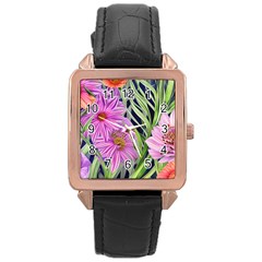 Cheerful Watercolors – Flowers Botanical Rose Gold Leather Watch  by GardenOfOphir