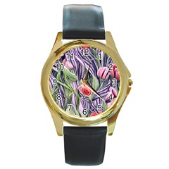 Charming Watercolor Flowers Round Gold Metal Watch by GardenOfOphir