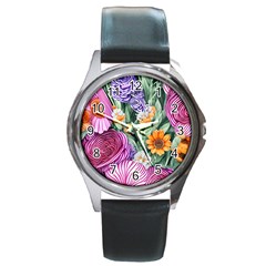 Captivating Watercolor Flowers Round Metal Watch by GardenOfOphir