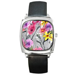 Darling And Dazzling Watercolor Flowers Square Metal Watch by GardenOfOphir