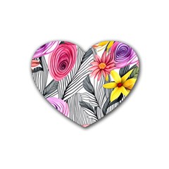 Darling And Dazzling Watercolor Flowers Rubber Coaster (heart) by GardenOfOphir