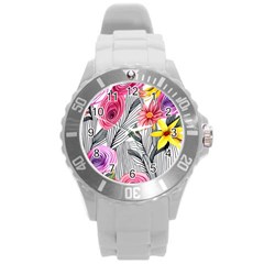 Darling And Dazzling Watercolor Flowers Round Plastic Sport Watch (l) by GardenOfOphir