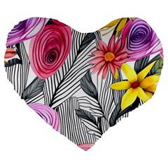 Darling And Dazzling Watercolor Flowers Large 19  Premium Heart Shape Cushions by GardenOfOphir