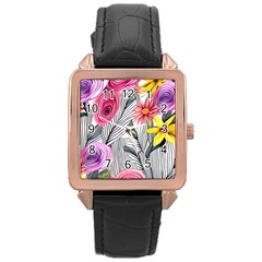 Darling And Dazzling Watercolor Flowers Rose Gold Leather Watch  by GardenOfOphir