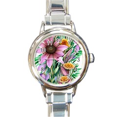 Watercolor Flowers Botanical Foliage Round Italian Charm Watch by GardenOfOphir