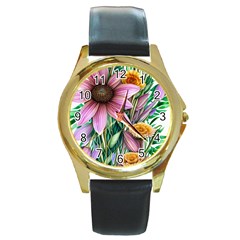 Watercolor Flowers Botanical Foliage Round Gold Metal Watch by GardenOfOphir