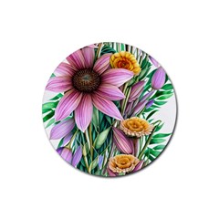 Watercolor Flowers Botanical Foliage Rubber Coaster (round) by GardenOfOphir