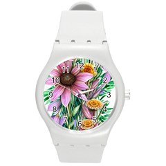 Watercolor Flowers Botanical Foliage Round Plastic Sport Watch (m) by GardenOfOphir