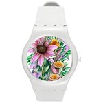 Watercolor Flowers Botanical Foliage Round Plastic Sport Watch (M) Front