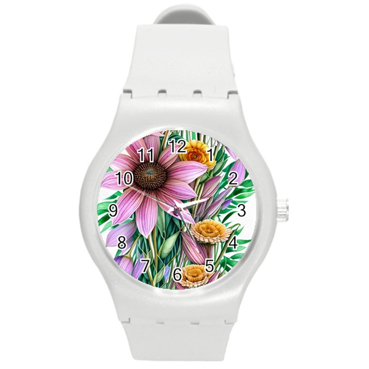 Watercolor Flowers Botanical Foliage Round Plastic Sport Watch (M)