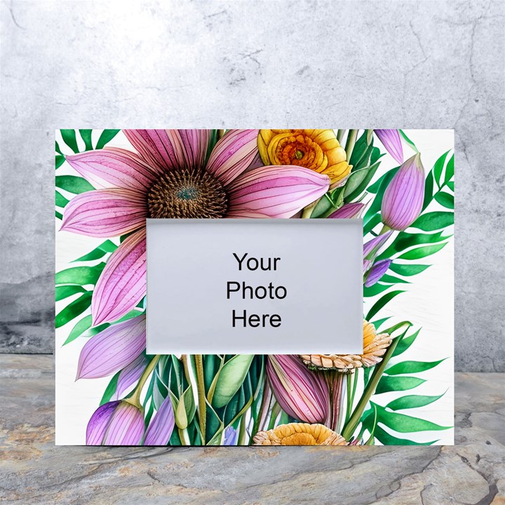 Watercolor Flowers Botanical Foliage White Tabletop Photo Frame 4 x6 