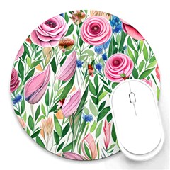 Different Watercolor Flowers Botanical Foliage Round Mousepad by GardenOfOphir