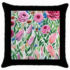 Different Watercolor Flowers Botanical Foliage Throw Pillow Case (black) by GardenOfOphir