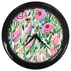 Different Watercolor Flowers Botanical Foliage Wall Clock (black)