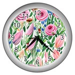 Different Watercolor Flowers Botanical Foliage Wall Clock (Silver) Front