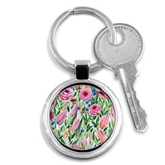 Different Watercolor Flowers Botanical Foliage Key Chain (round) by GardenOfOphir