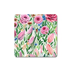 Different Watercolor Flowers Botanical Foliage Square Magnet by GardenOfOphir