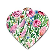 Different Watercolor Flowers Botanical Foliage Dog Tag Heart (one Side) by GardenOfOphir