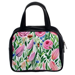 Different Watercolor Flowers Botanical Foliage Classic Handbag (two Sides) by GardenOfOphir