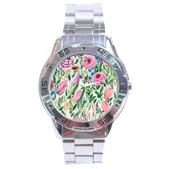 Different Watercolor Flowers Botanical Foliage Stainless Steel Analogue Watch by GardenOfOphir