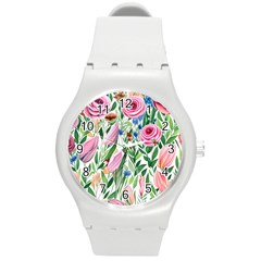 Different Watercolor Flowers Botanical Foliage Round Plastic Sport Watch (m) by GardenOfOphir