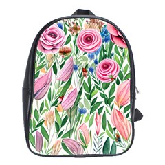 Different Watercolor Flowers Botanical Foliage School Bag (xl) by GardenOfOphir