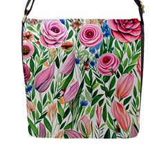 Different Watercolor Flowers Botanical Foliage Flap Closure Messenger Bag (l) by GardenOfOphir