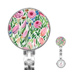 Different Watercolor Flowers Botanical Foliage Stainless Steel Nurses Watch