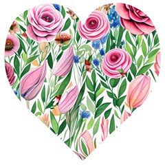 Different Watercolor Flowers Botanical Foliage Wooden Puzzle Heart by GardenOfOphir