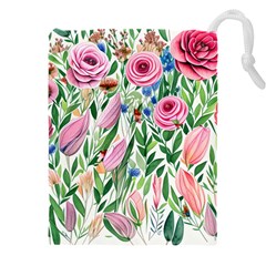 Different Watercolor Flowers Botanical Foliage Drawstring Pouch (4xl) by GardenOfOphir