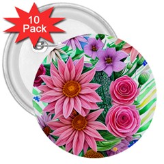 Enchanted Watercolor Flowers Botanical Foliage 3  Buttons (10 Pack)  by GardenOfOphir