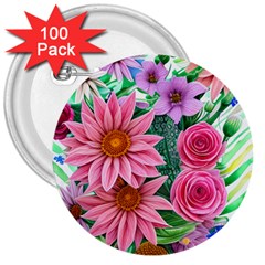 Enchanted Watercolor Flowers Botanical Foliage 3  Buttons (100 Pack)  by GardenOfOphir