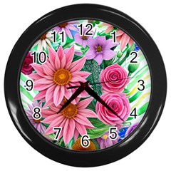 Enchanted Watercolor Flowers Botanical Foliage Wall Clock (black) by GardenOfOphir