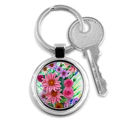 Enchanted Watercolor Flowers Botanical Foliage Key Chain (round) by GardenOfOphir