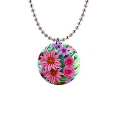 Enchanted Watercolor Flowers Botanical Foliage 1  Button Necklace by GardenOfOphir