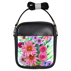 Enchanted Watercolor Flowers Botanical Foliage Girls Sling Bag by GardenOfOphir