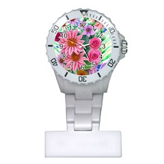 Enchanted Watercolor Flowers Botanical Foliage Plastic Nurses Watch by GardenOfOphir