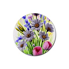 Expressive Watercolor Flowers Botanical Foliage Rubber Coaster (round) by GardenOfOphir