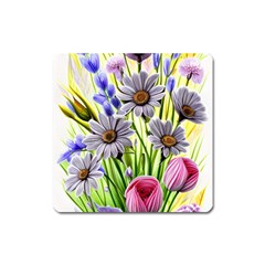 Expressive Watercolor Flowers Botanical Foliage Square Magnet by GardenOfOphir