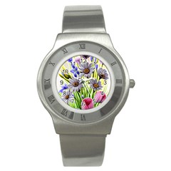 Expressive Watercolor Flowers Botanical Foliage Stainless Steel Watch by GardenOfOphir