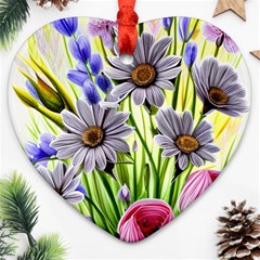 Expressive Watercolor Flowers Botanical Foliage Heart Ornament (two Sides) by GardenOfOphir