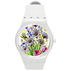 Expressive Watercolor Flowers Botanical Foliage Round Plastic Sport Watch (m) by GardenOfOphir